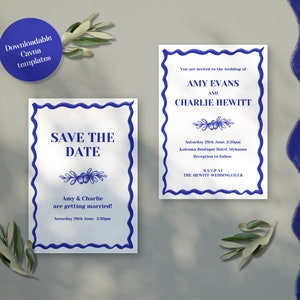 Thème de mariage grec Enregistrez la date et l’invitation A5 | Modèles Canva téléchargeables