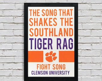 Limited Edition Gifts for Clemson Fan - Tiger Rag Fight Song - Clemson University - Officially Licensed Art Print 13x19"