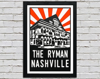 May include: A black and white illustration of the Ryman Auditorium in Nashville, Tennessee. The building is depicted with a red and white sunburst behind it. The text "The Ryman Nashville" is printed below the building.