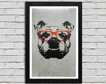 Limited Edition English Bulldog Art Poster - with Orange Glasses - 13x19&quot;