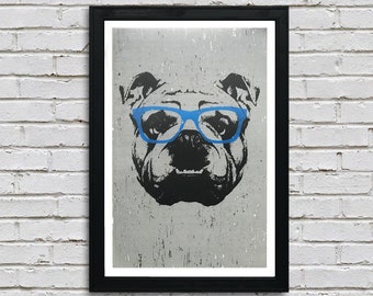Limited Edition English Bulldog Art Poster / Print with Blue Glasses - Gifts for Dog Lovers - 13x19&quot;