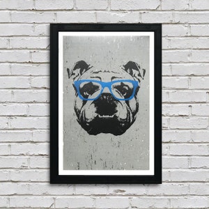 May include: A black and white illustration of a bulldog wearing blue glasses. The image has a distressed, vintage look.