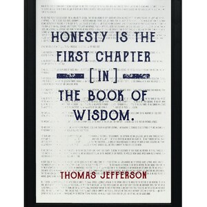 May include: Framed print with the quote "Honesty is the first chapter in the book of wisdom" by Thomas Jefferson. The text is in navy blue on a white background, with a black frame. The print has a vintage, aged appearance.