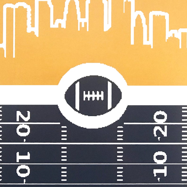 May include: A black and white illustration of a football on a white circle against a yellow background. The football is centered on a black and white football field with white yard lines and the numbers '20' on either side of the field.