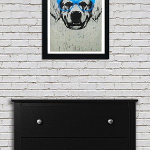 May include: A black and white illustration of a dog wearing blue glasses. The dog's face is centred in the image and the background is a light grey.