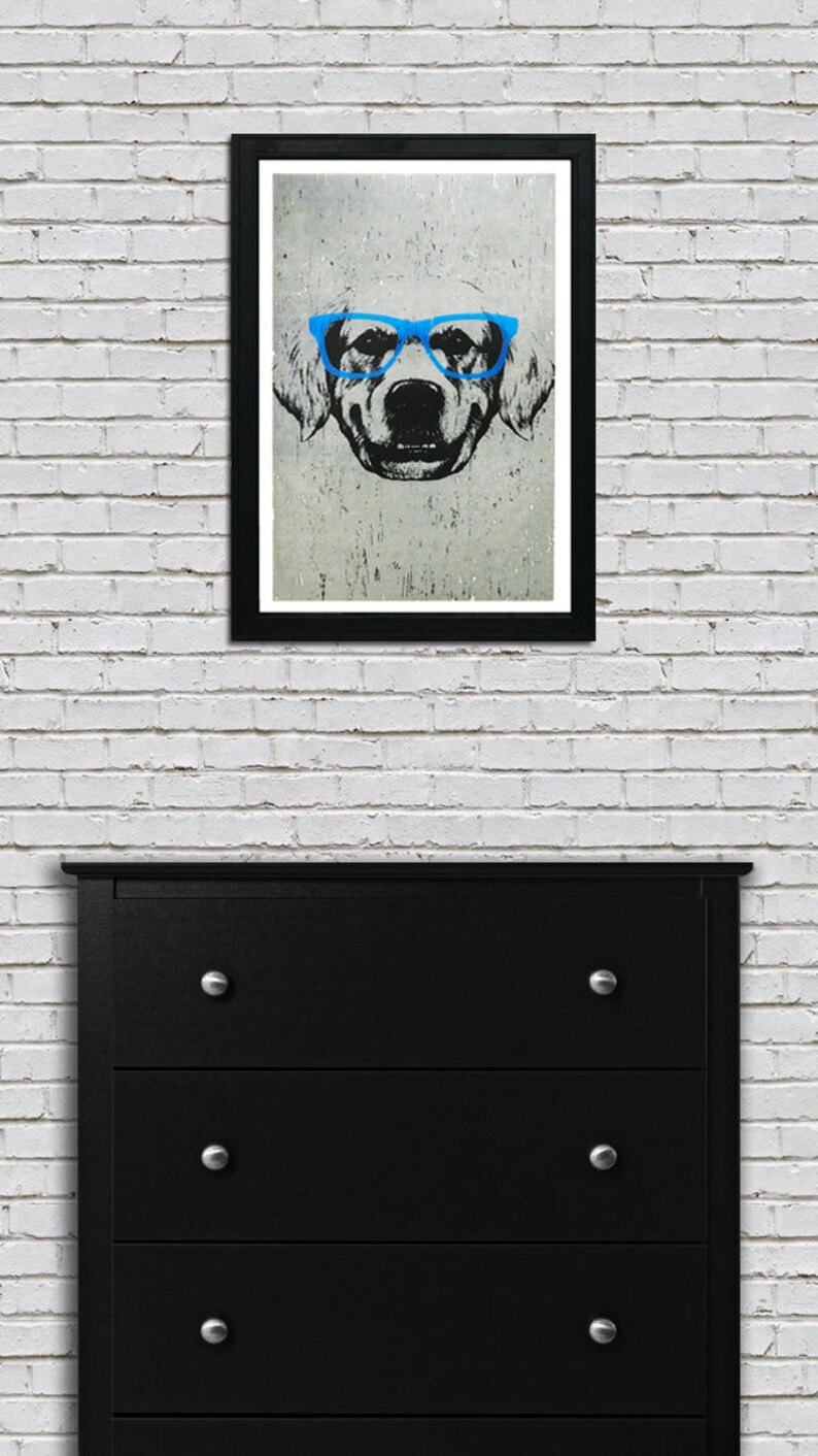 May include: A black and white illustration of a dog wearing blue glasses. The dog's face is centred in the image and the background is a light grey.
