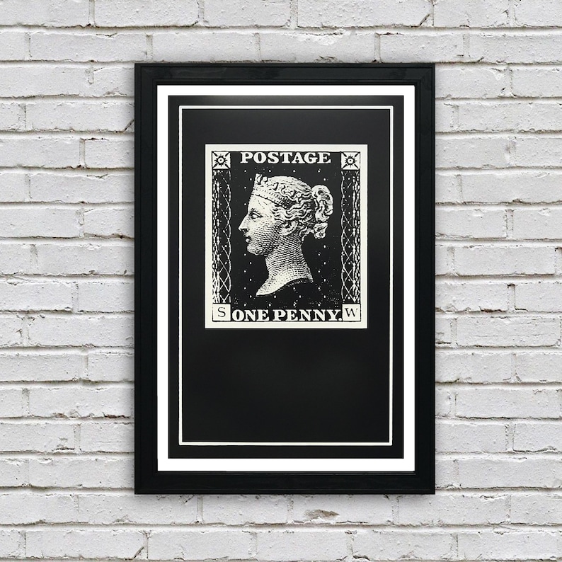 May include: Black and white print of a vintage postage stamp featuring a portrait of Queen Victoria with the text "POSTAGE" and "ONE PENNY" on a black background.