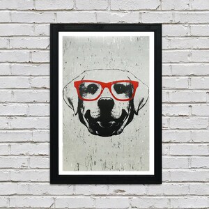May include: A black and white illustration of a dog wearing red glasses. The dog's face is centred in the image and the background is a light grey with a distressed texture.