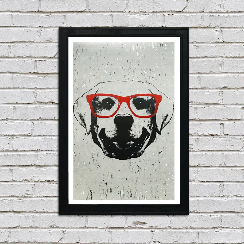 May include: A black and white illustration of a dog wearing red glasses. The dog's face is centred in the image and the background is a light grey with a distressed texture.