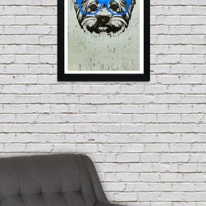 May include: A black and white illustration of a dog wearing blue glasses. The dog's face is the focus of the image, and the background is a light gray.