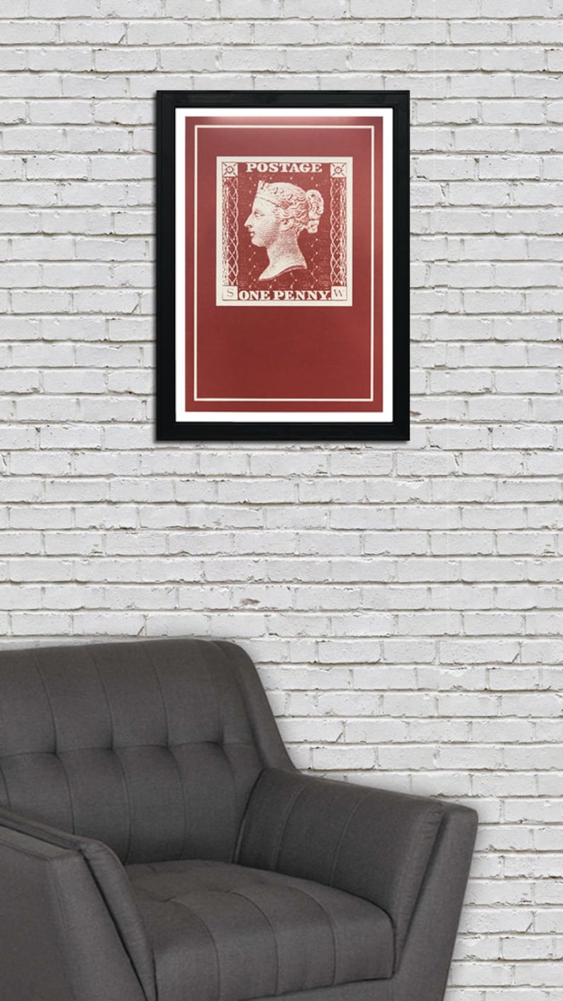 May include: A framed print of a vintage postage stamp featuring a profile of Queen Victoria with the text "POSTAGE" and "ONE PENNY" in white on a red background.