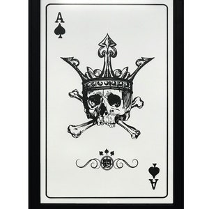 May include: A black and white illustration of the Ace of Spades playing card. The card features a skull wearing a crown and crossed bones. The card is framed in a black frame.