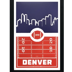 May include: A red and white football field graphic with a white outline of the Denver skyline above it. The text "DENVER" is in white letters on the red field.