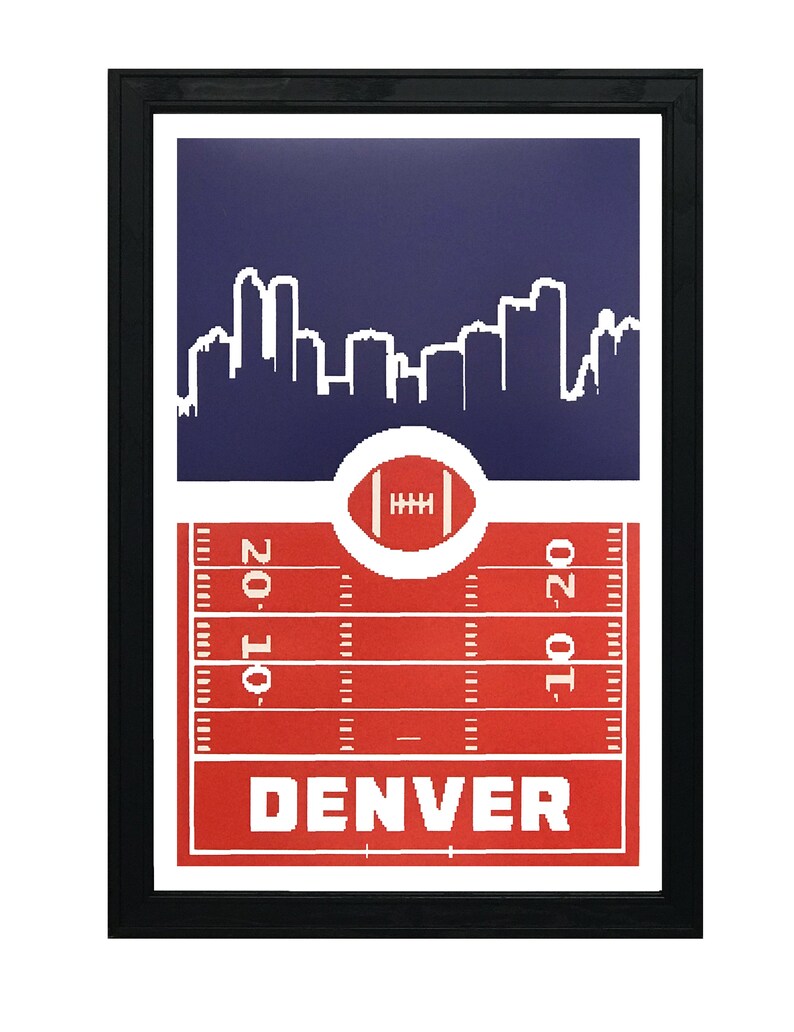 May include: A red and white football field graphic with a white outline of the Denver skyline above it. The text "DENVER" is in white letters on the red field.