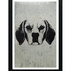 May include: Black and white illustration of a dog's head against a silver background with a distressed texture.