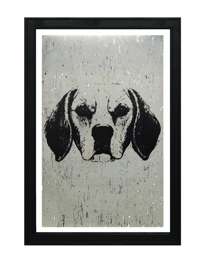 May include: Black and white illustration of a dog's head against a silver background with a distressed texture.