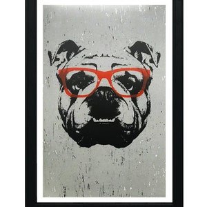 May include: A black and white illustration of a bulldog wearing red glasses. The background is a gray, textured surface.