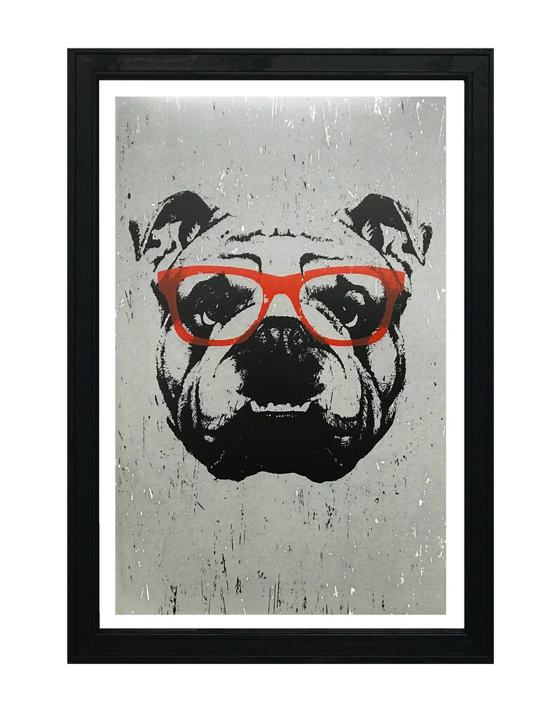May include: A black and white illustration of a bulldog wearing red glasses. The background is a gray, textured surface.