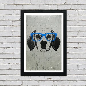 Beagle Art Print: Blue Glasses Dog Lover Gift (13x19")