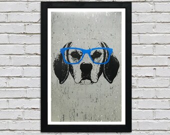 Limited Edition Beagle with Blue Glasses Print - Gifts for Pet Lovers and Owners - Dog Art - 13x19&quot;
