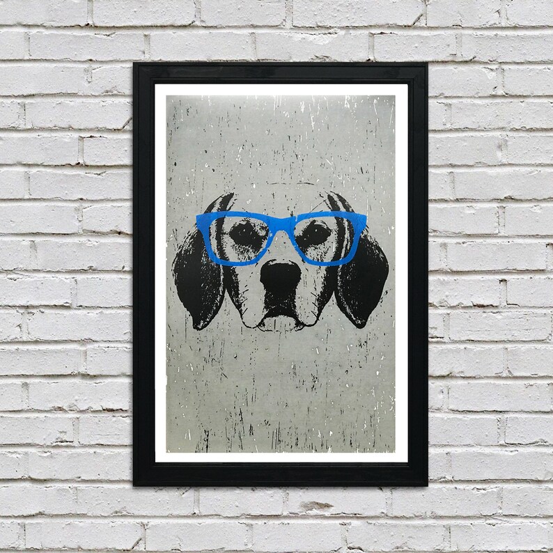 May include: A black and white illustration of a dog wearing blue glasses. The dog's face is centered in the image, and the background is a textured gray.
