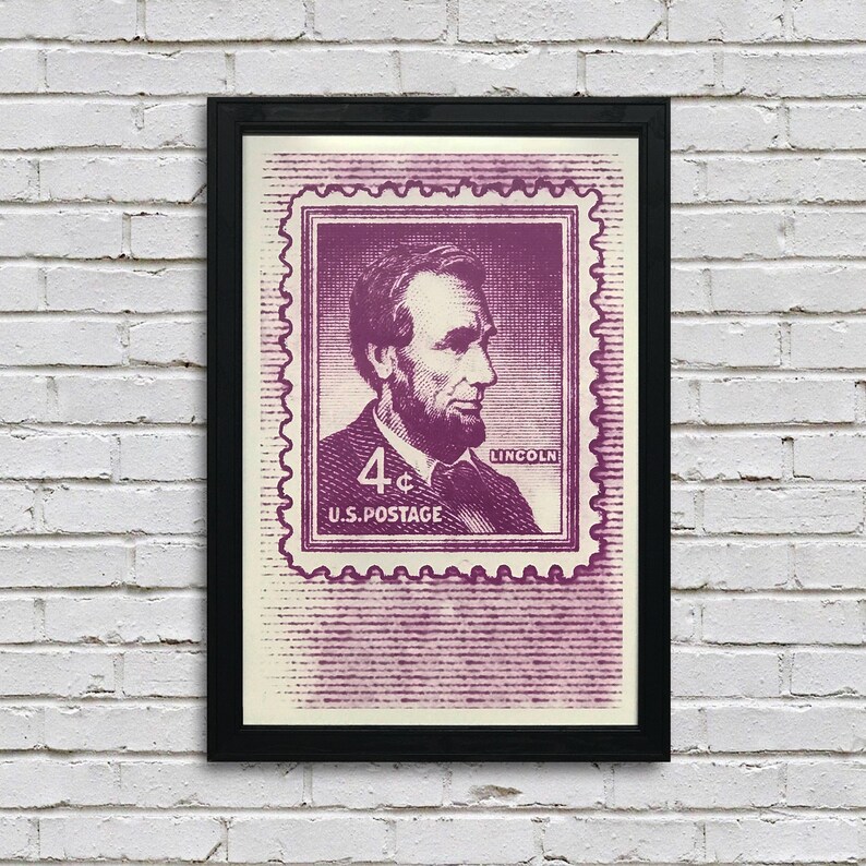 May include: A vintage-style poster featuring a purple stamp with a portrait of Abraham Lincoln. The stamp reads "4&cent; U.S. POSTAGE" and "LINCOLN".