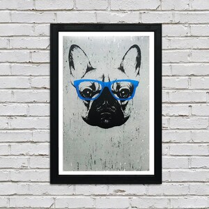 May include: A black and white illustration of a French bulldog wearing blue glasses. The background is a gray textured surface.