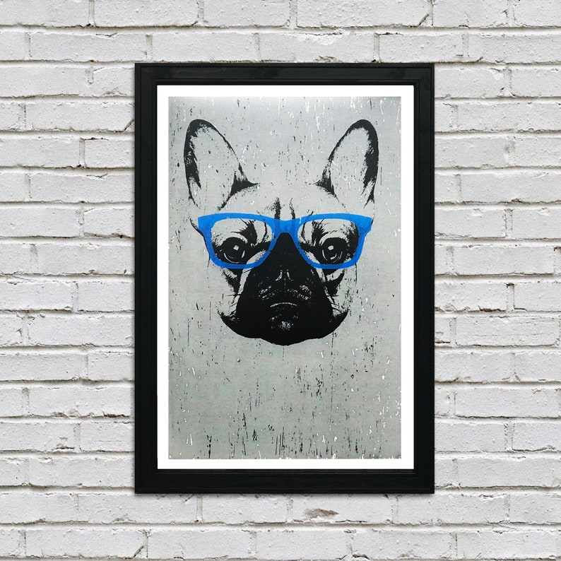 May include: A black and white illustration of a French bulldog wearing blue glasses. The background is a gray textured surface.