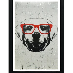 May include: A black and white illustration of a dog wearing red glasses. The dog is looking directly at the viewer. The background is a light grey with a distressed texture.