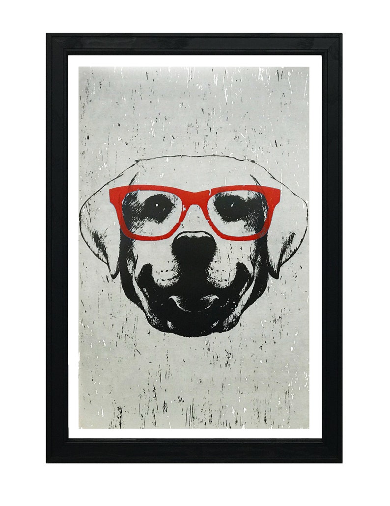 May include: A black and white illustration of a dog wearing red glasses. The dog is looking directly at the viewer. The background is a light grey with a distressed texture.