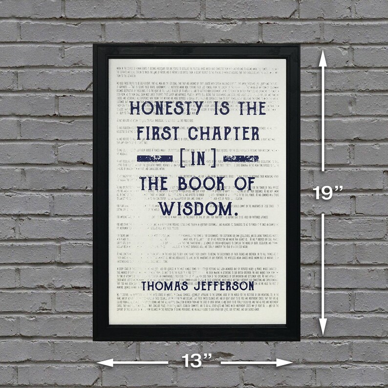 May include: A black framed print with a white background and blue text. The text reads "Honesty is the first chapter [in] the book of wisdom. Thomas Jefferson". The print measures 13 inches by 19 inches.