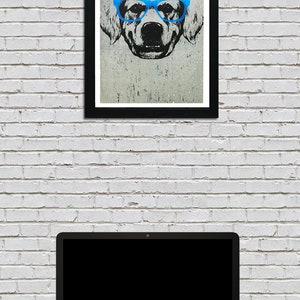 May include: A black and white illustration of a dog wearing blue glasses. The dog is looking directly at the viewer. The illustration is on a white background.