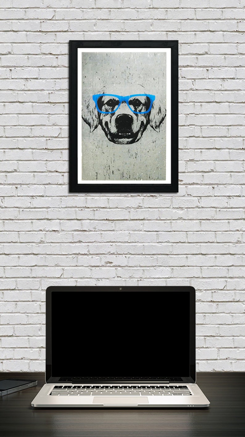 May include: A black and white illustration of a dog wearing blue glasses. The dog is looking directly at the viewer. The illustration is on a white background.
