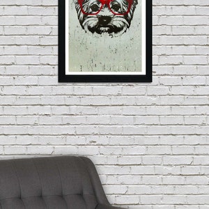 May include: A black and white illustration of a dog wearing red glasses. The dog's fur is fluffy and the background is a light gray color.