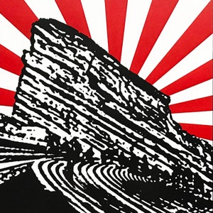 May include: Black and white illustration of a rock formation against a red and white striped background. The rock formation is layered and appears to be a mountain or cliff.