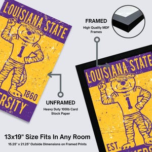 May include: A framed and unframed print featuring the Louisiana State University mascot in a yellow and purple design. The print includes the text "LOUISIANA STATE" and "1860". The framed print has a black MDF frame. The size is 33 x 48 cm.