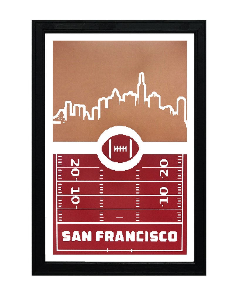 May include: A framed print with a red and white football field design. The print features a white outline of the San Francisco skyline and the text "SAN FRANCISCO".