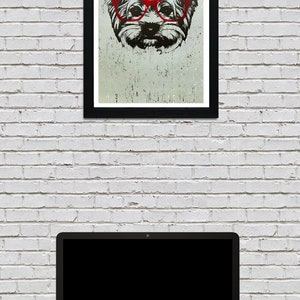 May include: A black and white illustration of a dog wearing red glasses. The dog is looking directly at the viewer. The illustration is on a white background and is framed in a black frame.