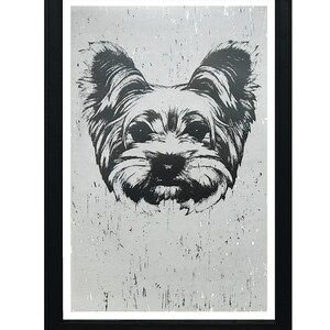 May include: Black and white illustration of a Yorkshire Terrier dog's face on a textured gray background. The dog's face is centered in the image and is looking directly at the viewer.