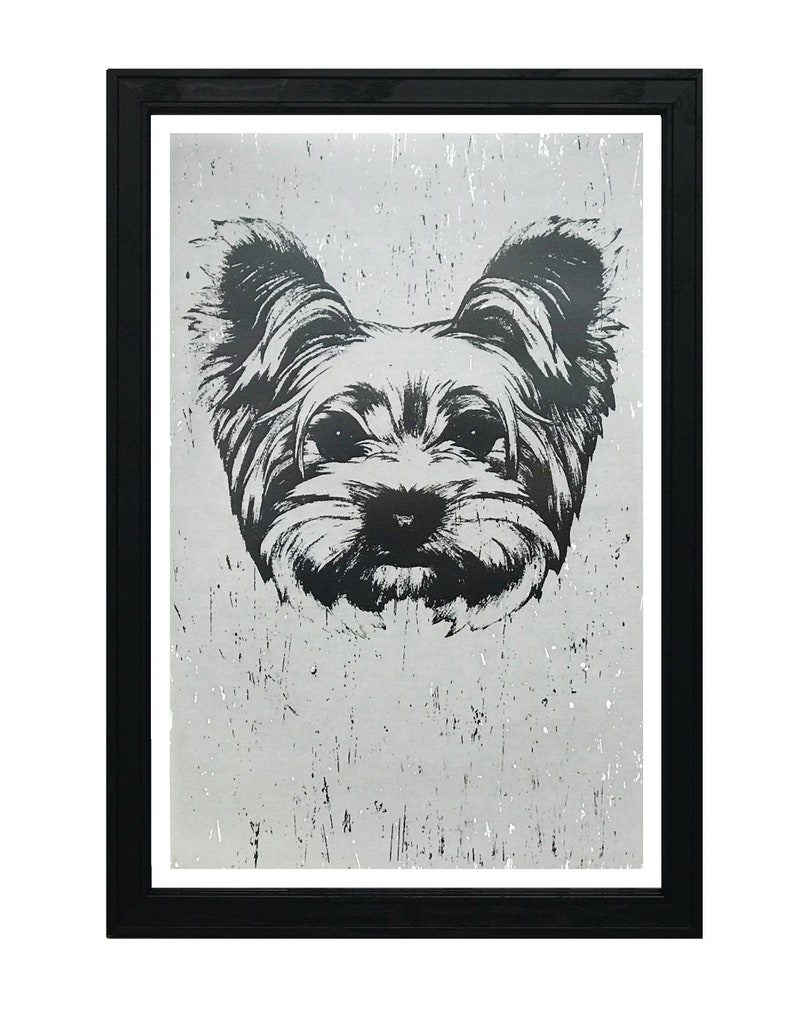 May include: Black and white illustration of a Yorkshire Terrier dog's face on a textured gray background. The dog's face is centered in the image and is looking directly at the viewer.