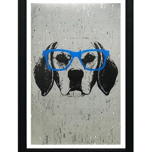 May include: A black and white illustration of a dog wearing blue glasses against a gray background. The dog's face is the main focus of the image.