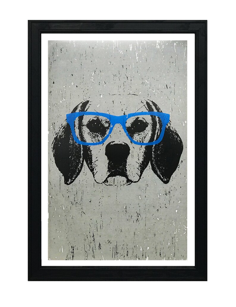 May include: A black and white illustration of a dog wearing blue glasses against a gray background. The dog's face is the main focus of the image.