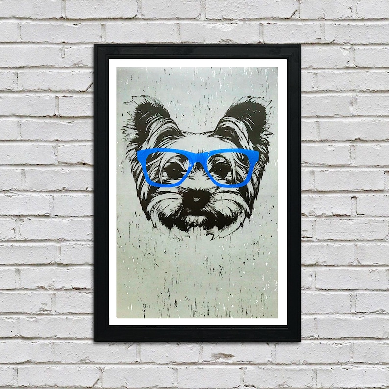 Yorkshire Terrier Art Print: Blue Glasses, Dog Lover Gift (13x19) image 1