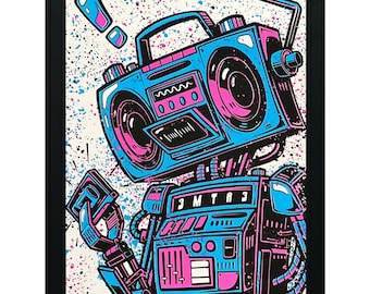 Boombox Robot Art Print: 80's-90's Music Poster by John Van Horn
