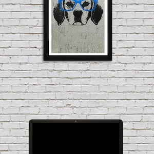 May include: A black and white illustration of a dog wearing blue glasses. The dog's face is the focus of the image, with the background being a textured gray.