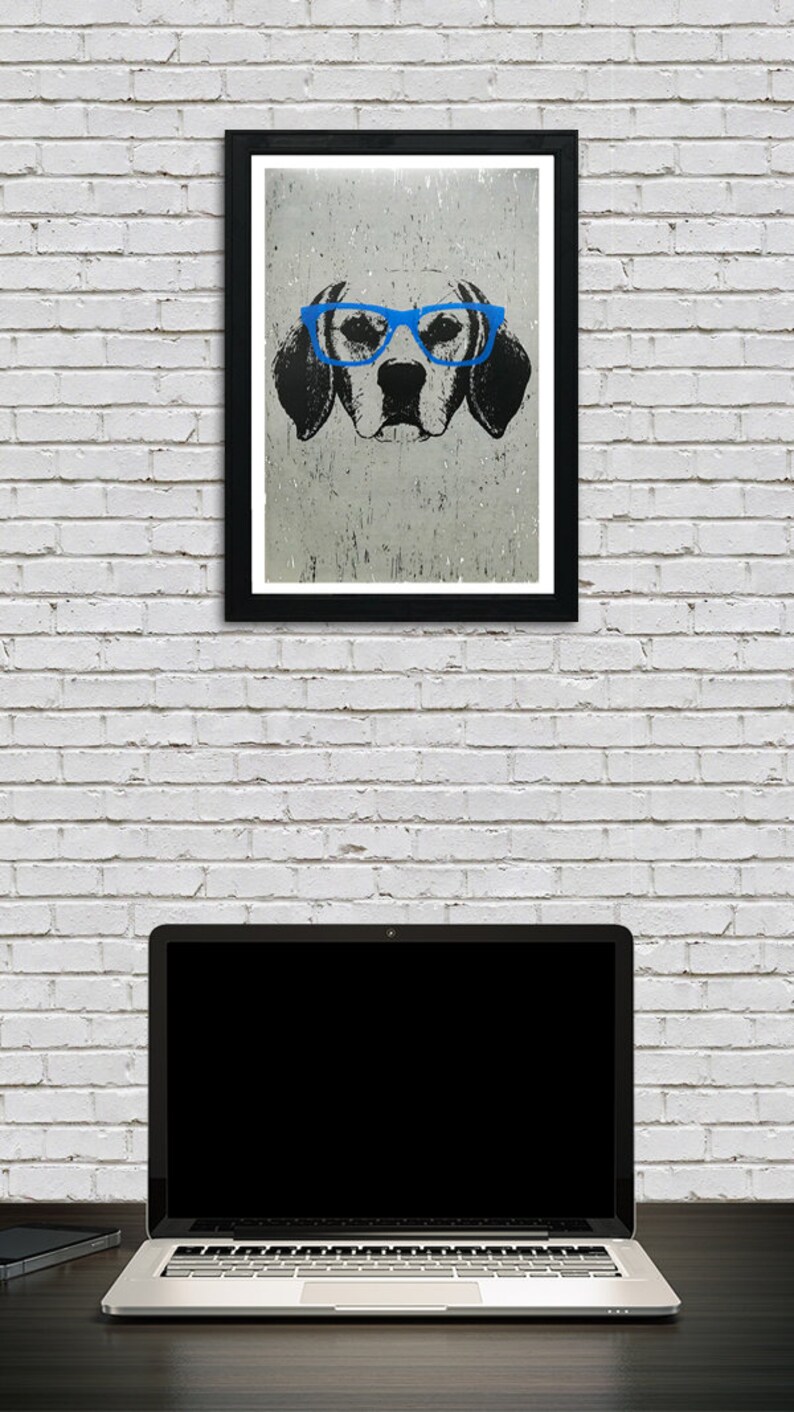May include: A black and white illustration of a dog wearing blue glasses. The dog's face is the focus of the image, with the background being a textured gray.