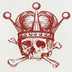 May include: A red and white illustration of a skull wearing a crown, with crossed bones beneath. The crown has three decorative spheres and a detailed design. The skull has visible eye sockets and a nose cavity.