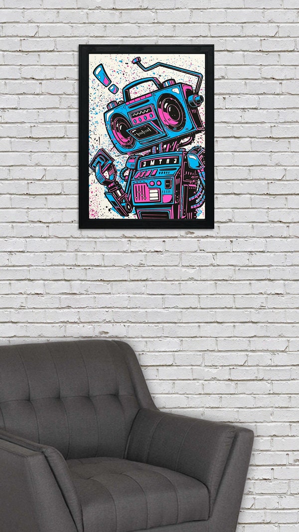 Boombox Robot Art Print: 80's-90's Music Poster by John Van Horn