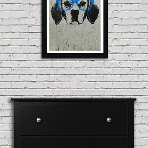 May include: A black and white illustration of a dog wearing blue glasses. The dog's face is centered in the image, and the background is a textured gray.