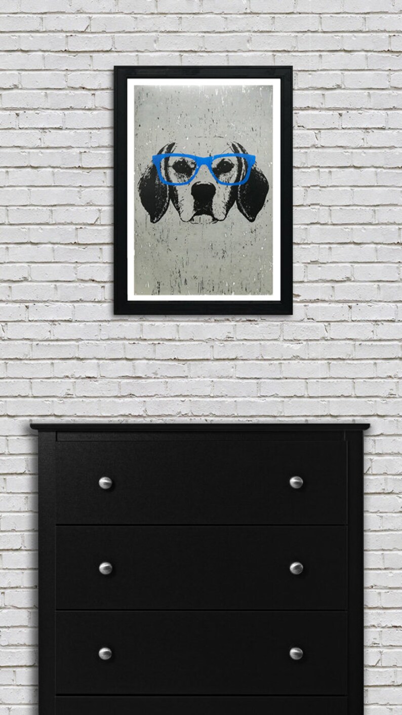 May include: A black and white illustration of a dog wearing blue glasses. The dog's face is centered in the image, and the background is a textured gray.